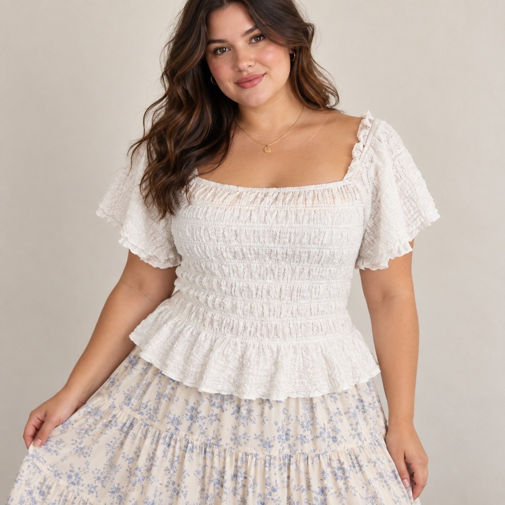 Celebrity Pink White Smocked Flutter Sleeve Peplum Top Coquette Romantic XXXL